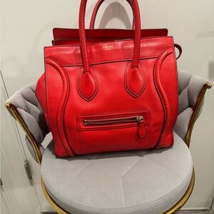 Authentic Celine Red Leather Satchel Tote